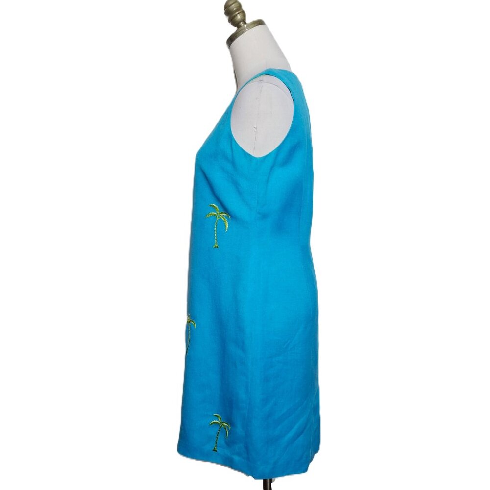 Talbots Linen Blend Sleeveless Dress Size P4 Blue Embroidered Palm Trees Beachy - Picture 4 of 6